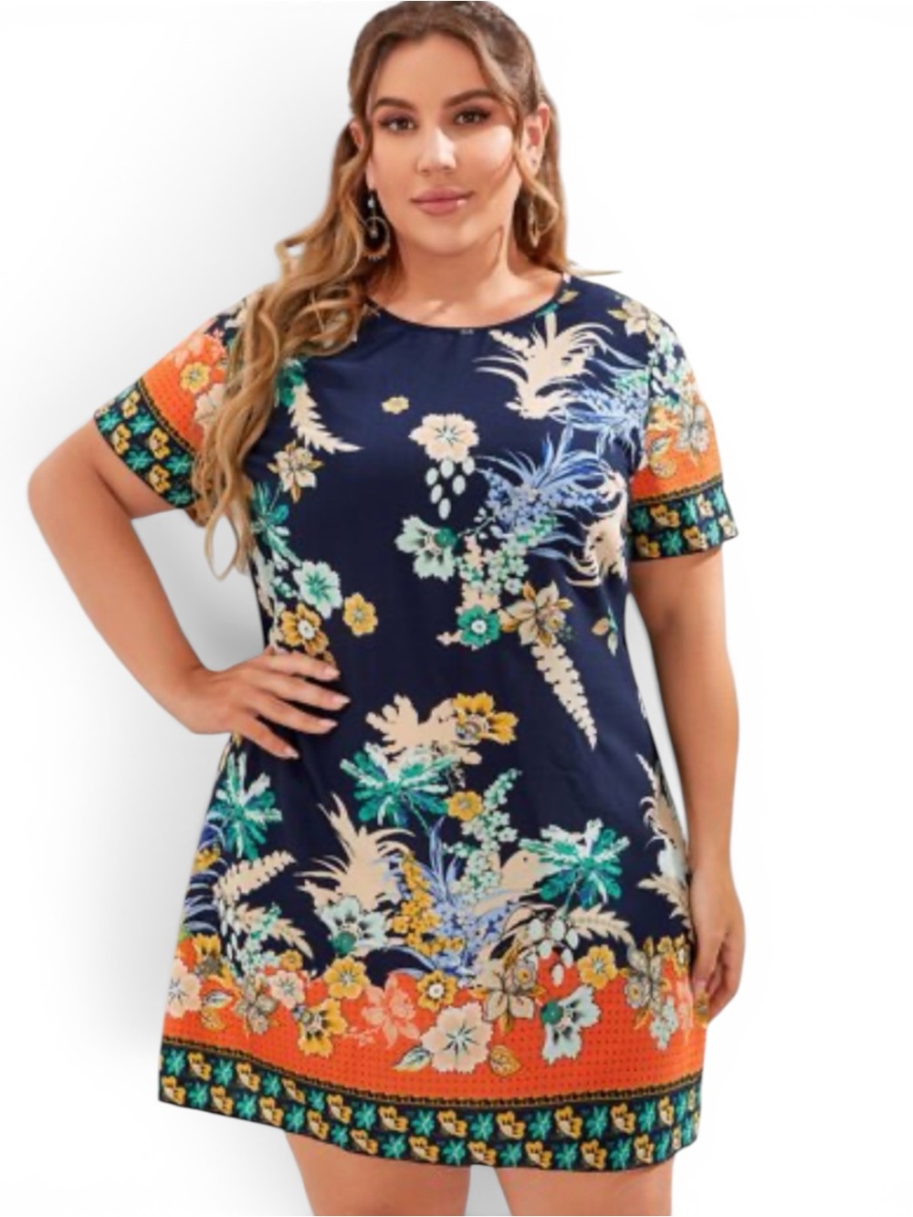 Emery Rose Navy & Floral Short Sleeve Dress - Picture 5 of 12